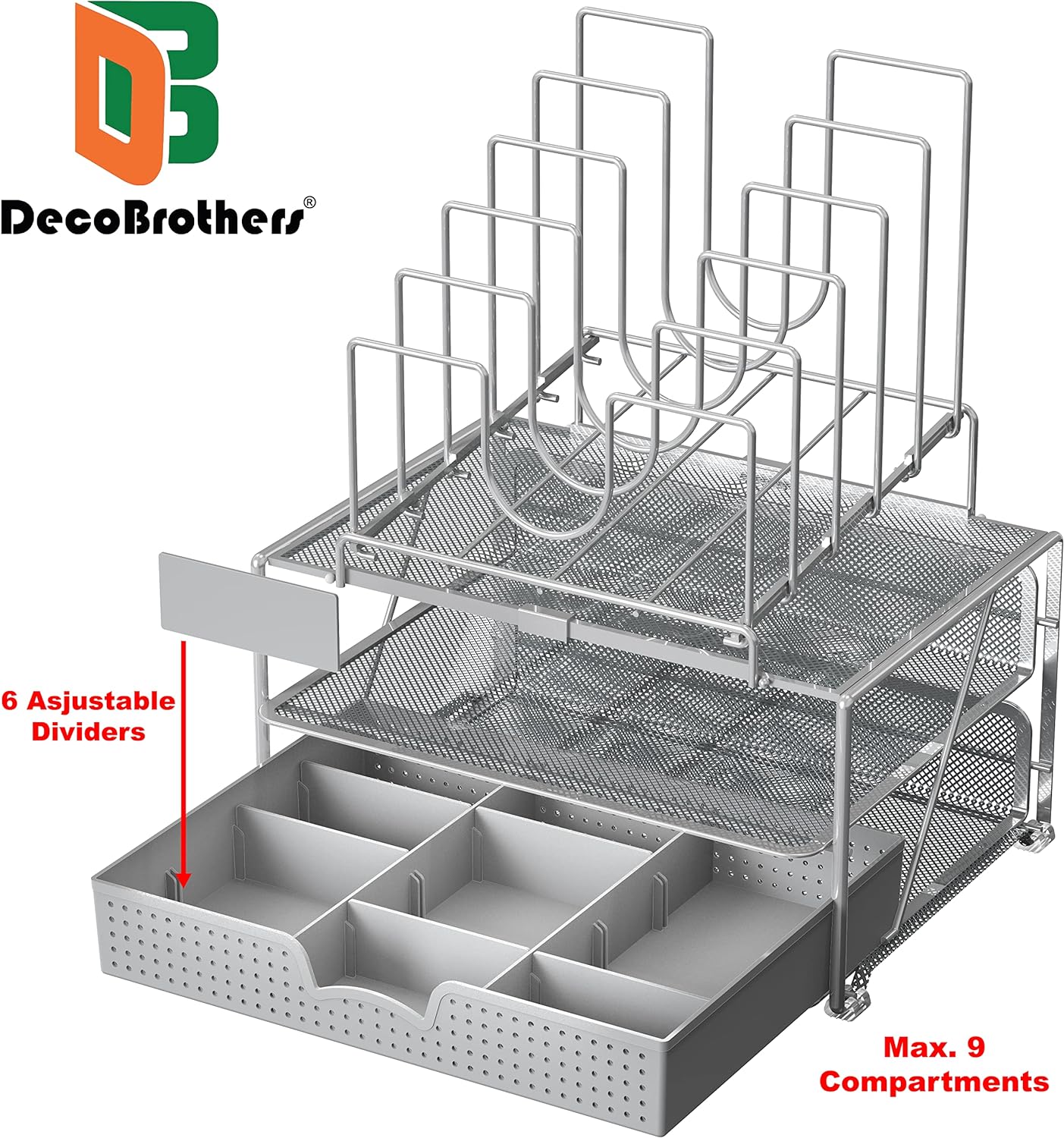 DecoBros Mesh Desk Organizer with Double Tray， 5 Stacking Sorter Sections and Sliding Drawer， Black - Image 2